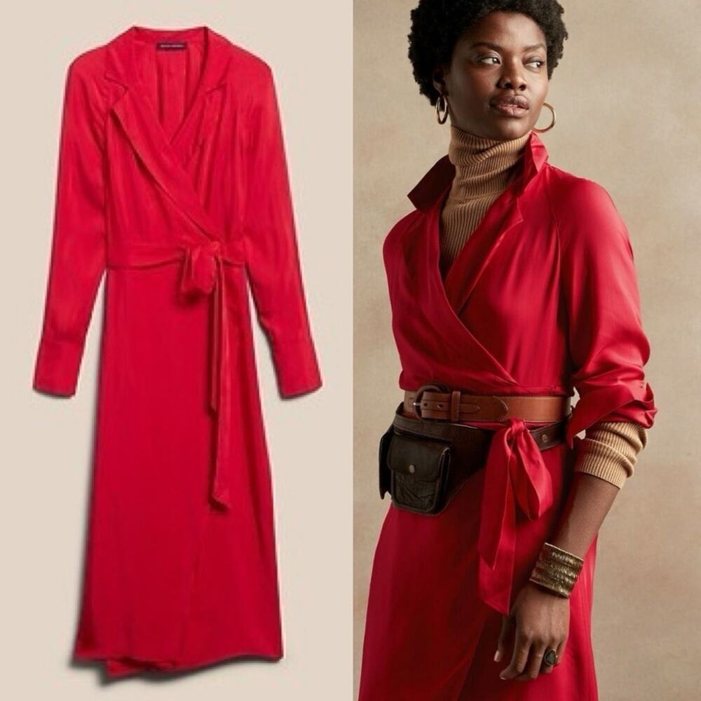 Banana Republic Red Sunset Blazer Wrap Maxi Dress Belted Collar size Small